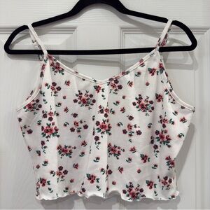 💙 White Floral Print Ribbed Stretchy Cropped Cami with Adjustable Straps - as is